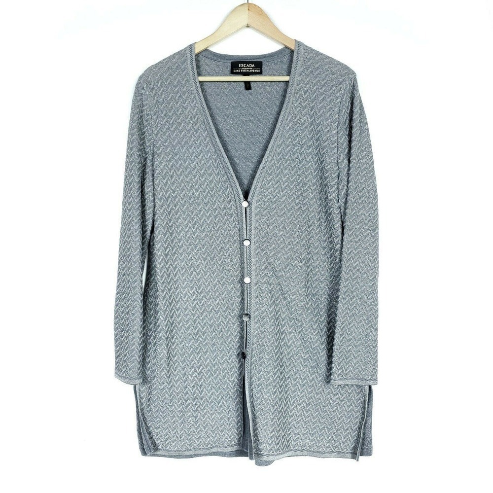 Escada Saks Fifth Avenue Cardigan EUR 42 Gray Wool Chevron Knit Tunic Sweater